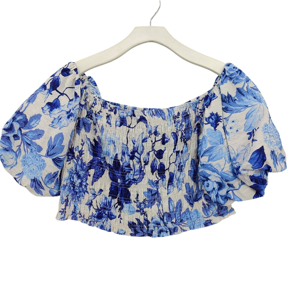 H&M Womens Cottage Peasant Coastal Floral Smocked Crop Top L Blue Puff Sleeve